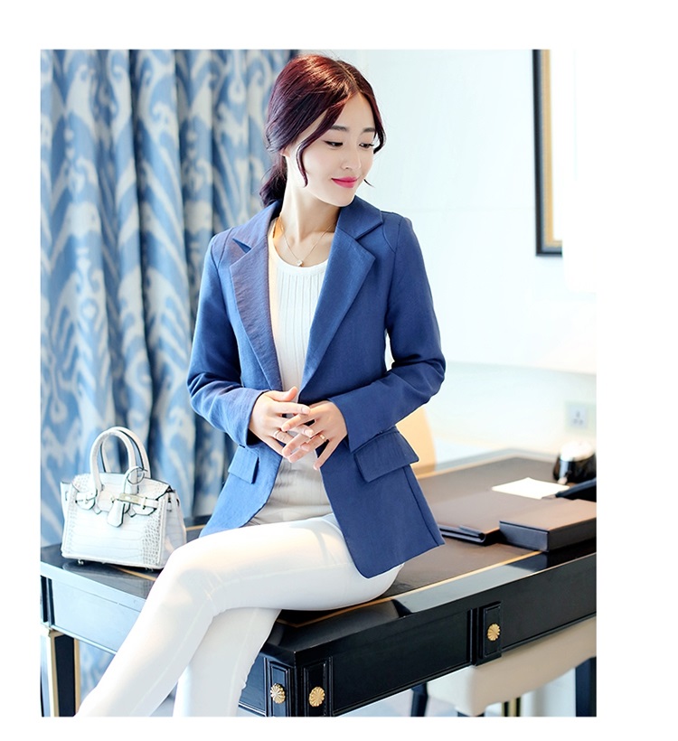 
                                        棉麻小西服女短款2015秋装新款西装外套一粒扣韩版休闲女式小西装 浅蓝色 L                
