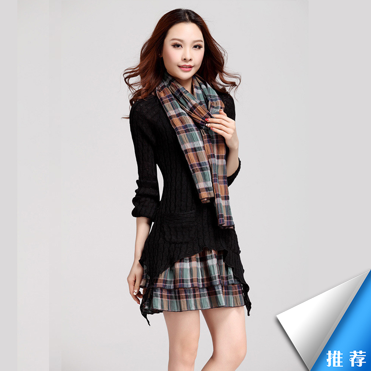 麦诺诗 2016秋冬季新款女装秋款百搭修身打底连衣裙镂空针织假两件套毛呢花边长袖连衣裙 灰色 M