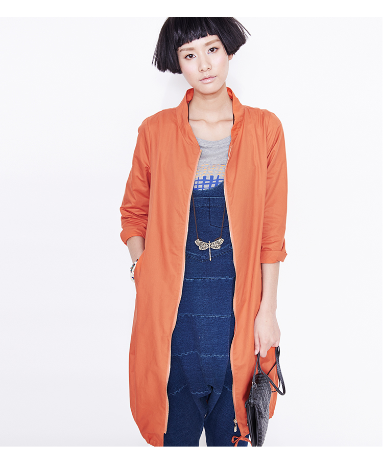 云上生活2016春季女装新款宽松立领风衣女中长款外套53W2834 桔红色 XL