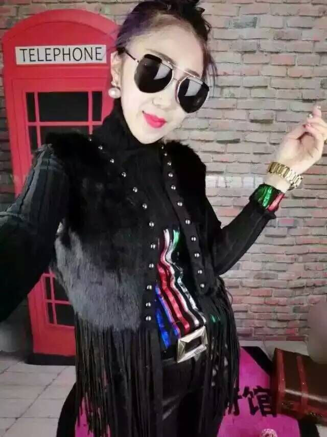 阿娜思2015拼接流苏马甲背心 黑色 均码