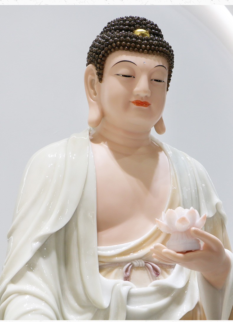 三漫陀汉白玉西方三圣阿弥陀佛玉石摆件手工彩釉镶金居家供奉佛像高68