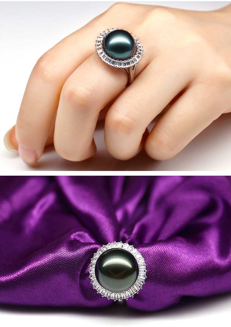 珍媄珠宝 18k金大溪地黑珍珠戒指女海水正圆指环 14-15mm_ 5折现价