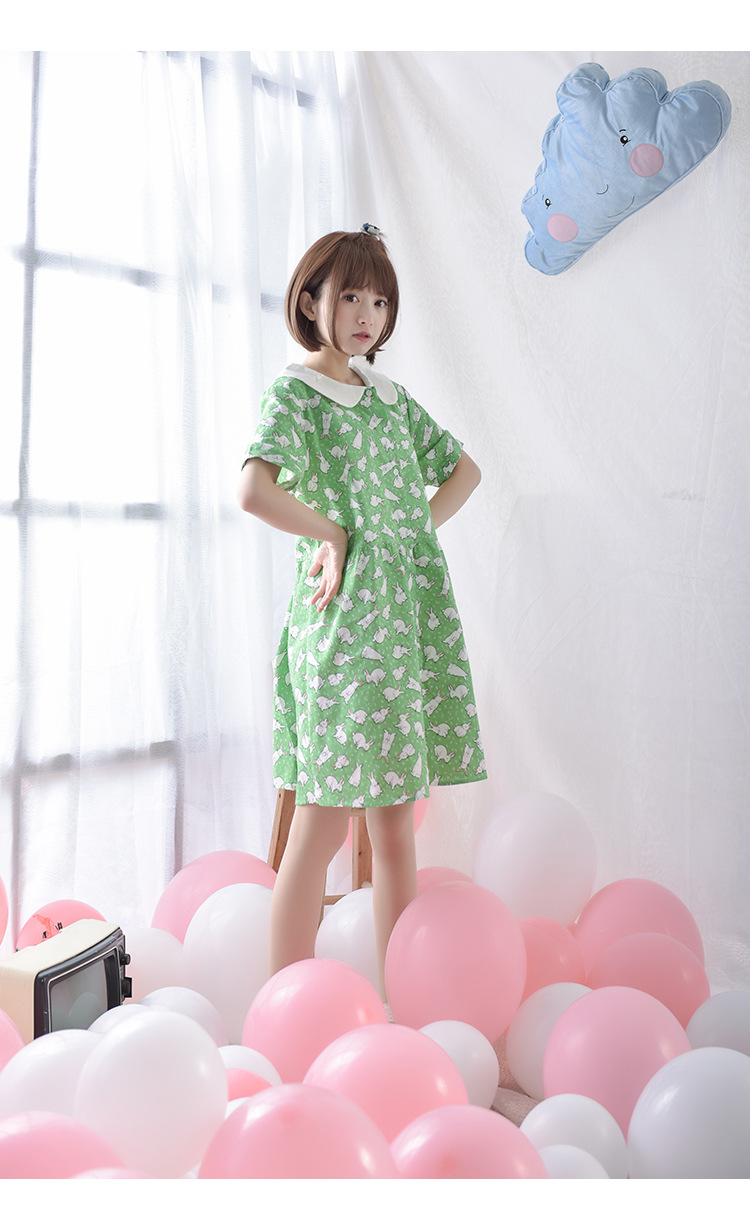 九月女装*春夏新款 日系森女系女装娃娃领短袖棉麻连衣裙韩玉佩 粉色