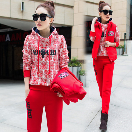 斯姿 2015新款秋冬季韩版卫衣运动服棒球女三件套时尚休闲套装 优雅红 L