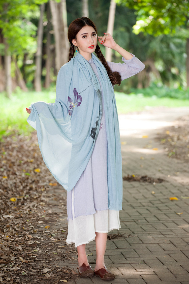 红晶灵2016新款森女风仙女范民族中国风原创手绘印花围巾披肩9315 蓝色