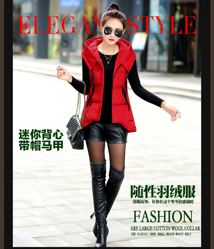韩文2015秋冬新款羽绒棉服连帽外套马夹中长款背心马甲女潮 黑色 XL