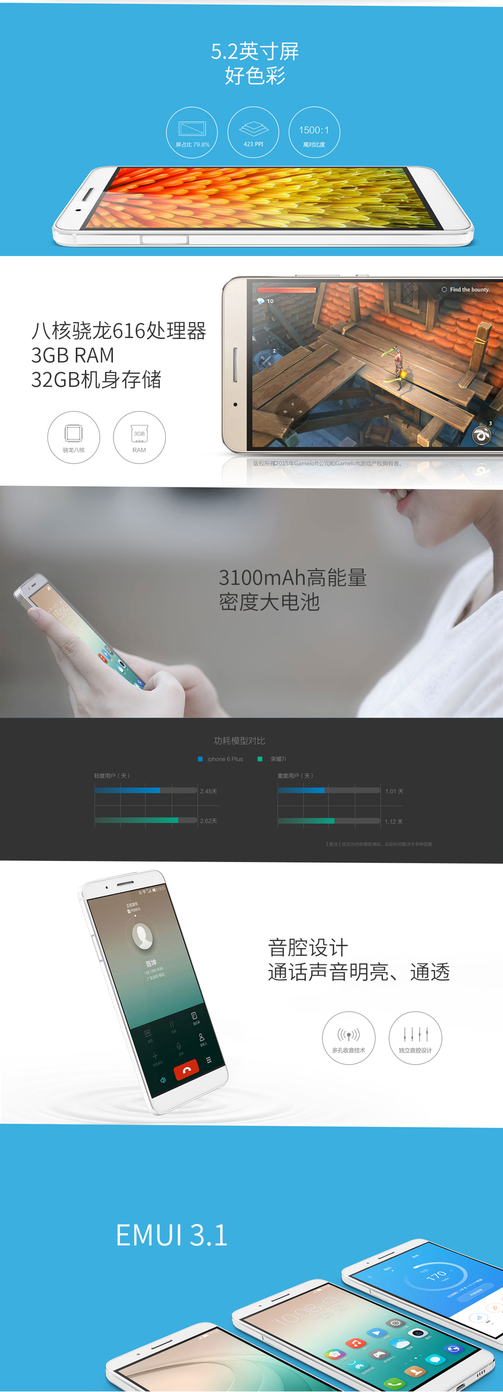 华为 荣耀7i 双卡双待 手机 沙滩金 全网通4G(3G RAM+32G ROM) 套装