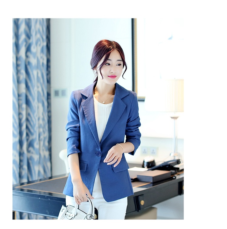 
                                        棉麻小西服女短款2015秋装新款西装外套一粒扣韩版休闲女式小西装 浅蓝色 L                