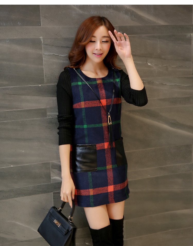 艾尚玖 2015新款格子毛呢连衣裙冬季加厚长袖中长款修身显瘦包臀打底