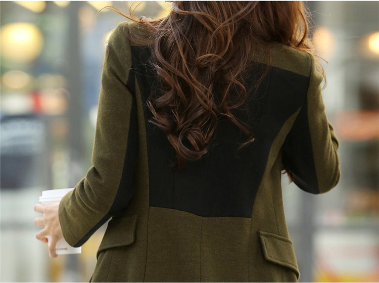 婕梦璐2016女装修身撞色中长款外套毛呢大衣女J810 军绿色 XL
