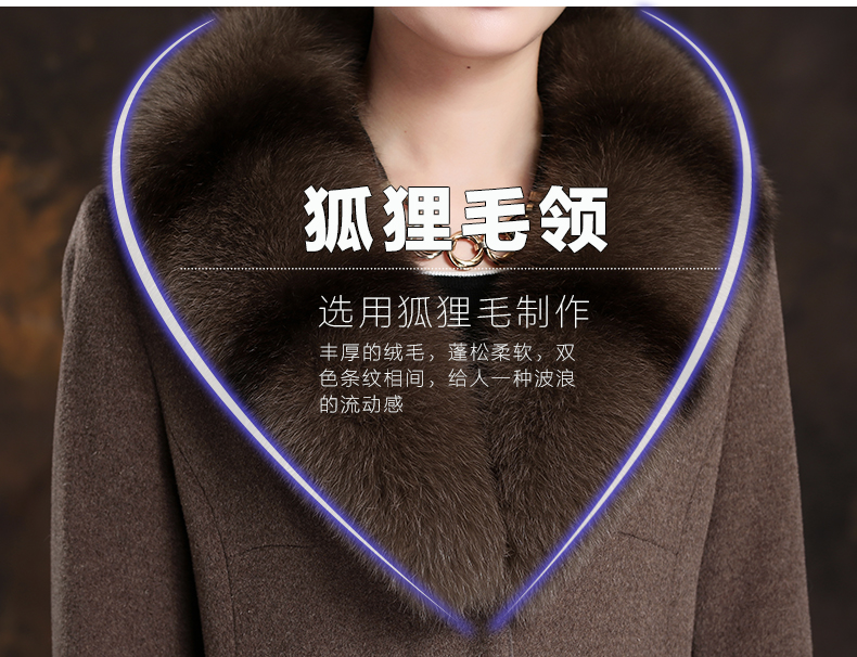 
                                        古地斯羊绒大狐狸毛领加大码修身显瘦羊毛大衣女外套长款女装大衣外套 黑色 XXXL                