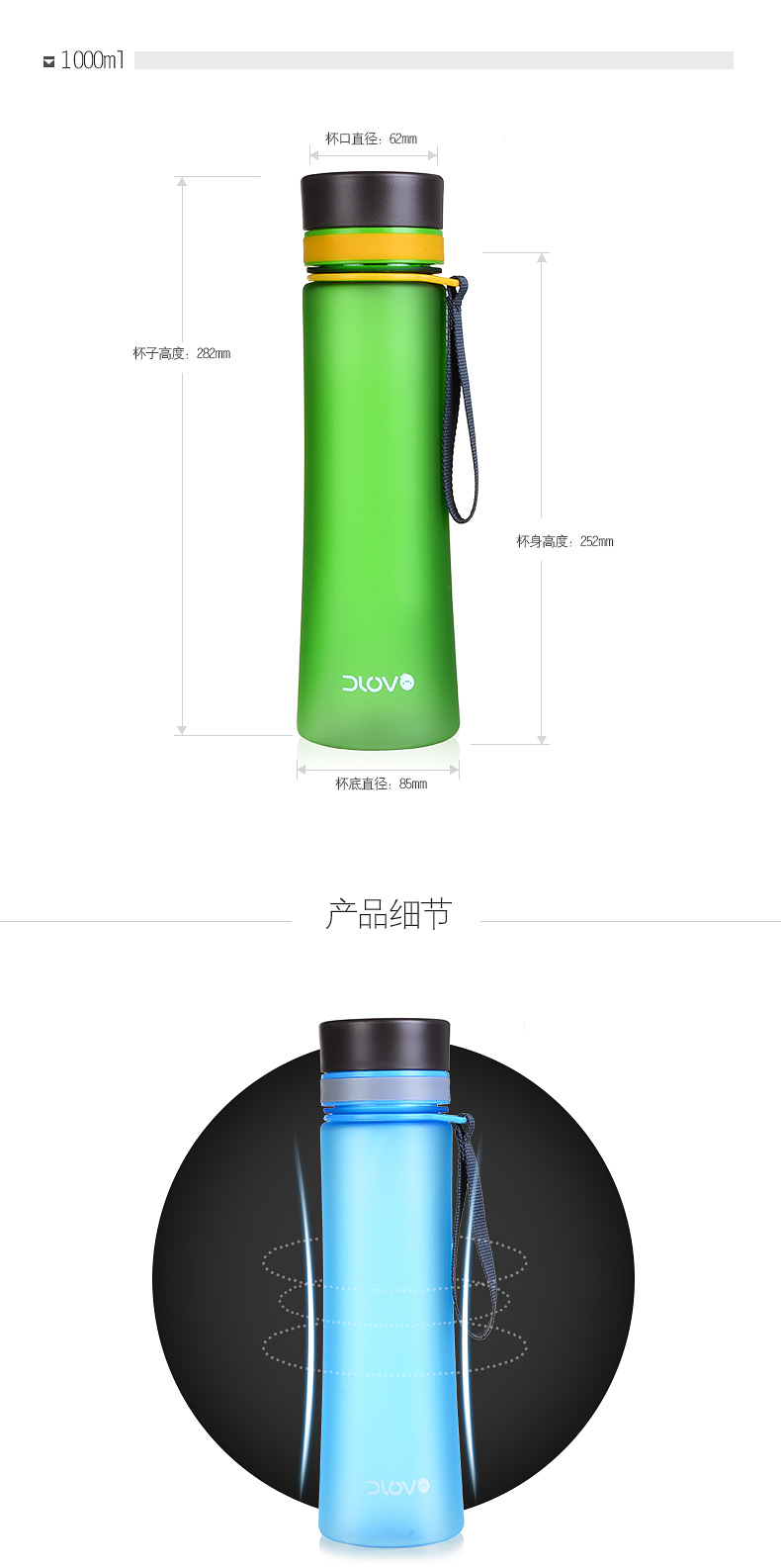 
                                        富光悠乐水杯塑料杯太空杯超大容量运动水壶便携户外旅行运动时尚健康杯子 支持团购定制 B款-灰黑色1000ml 1000ML                