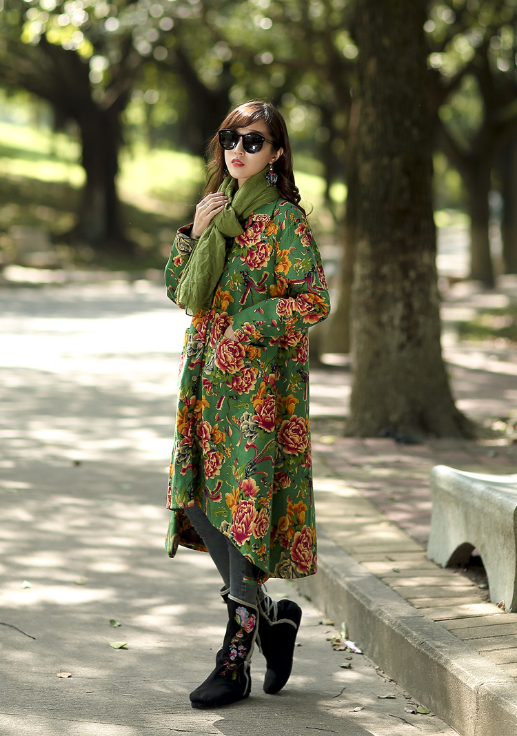 莲香情2015时尚中国民族风女装秋冬新款加绒加厚风衣外套保暖 天蓝色