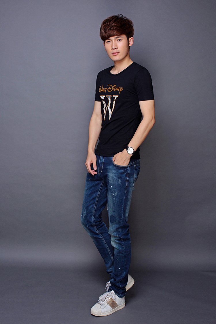 短袖t恤男潮修身韩版简约休闲字母印花圆领男士t恤衫 黑色 175/88a