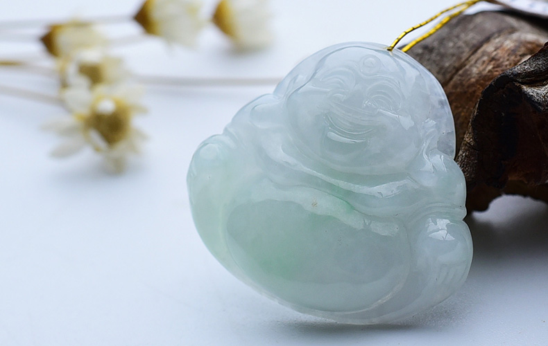 dxf805 聚聚买 天然缅甸老坑a货翡翠 白底翠大笑佛挂件带证书包邮