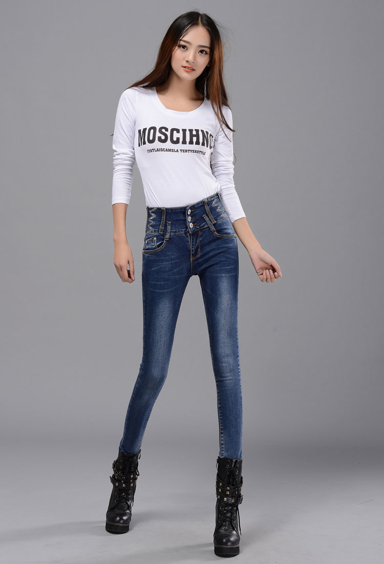 诗慕2016春季高腰大码烫钻小脚牛仔裤女小脚铅笔长裤 深蓝色四季款 28