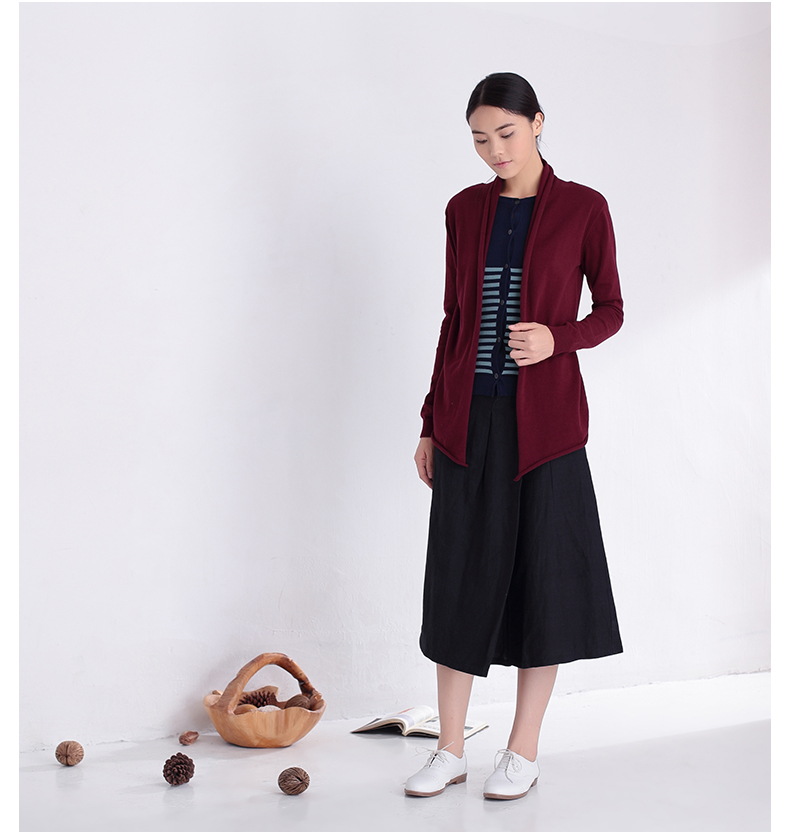 衣之纯2015秋季新款女装假两件条纹拼接毛针织开衫外套 枣红 l【图片 