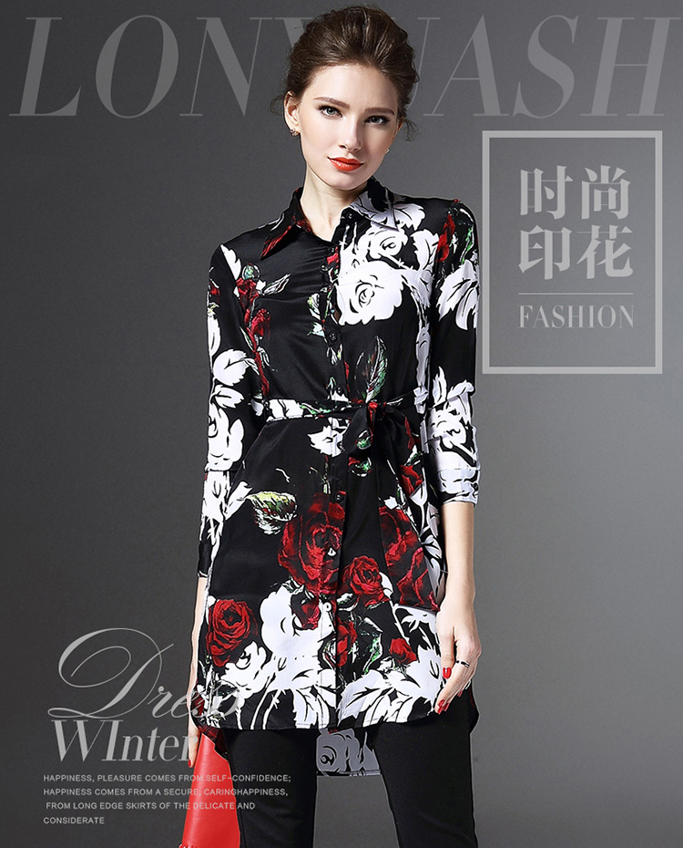 优洛莎 2016春装新款女气质翻领长袖修身衬衫 W8224 花色 M 配送腰带