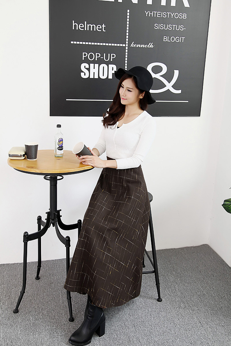 雅内特2015秋冬新款女装修身格子毛呢半身长裙NA2050#111 黑色 XL