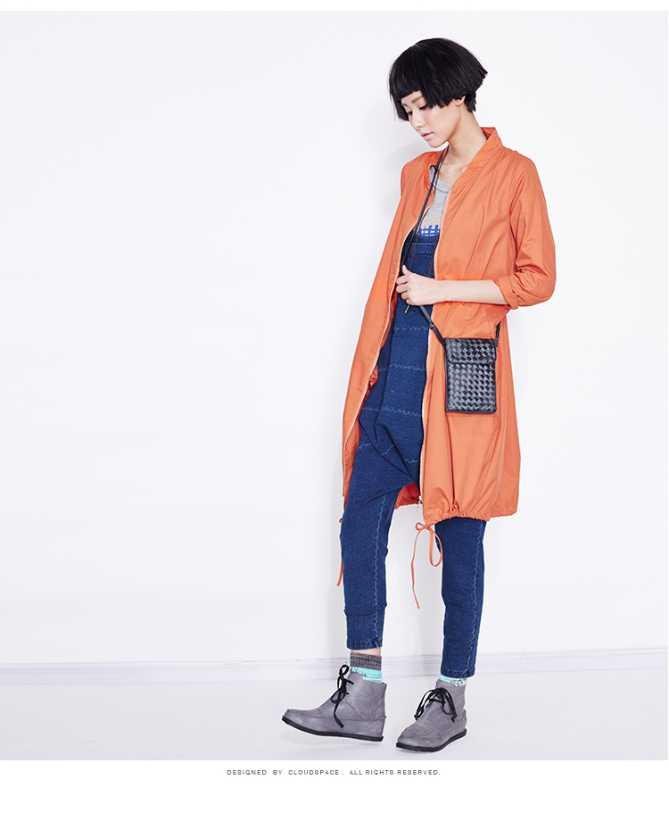 云上生活2016春季女装新款宽松立领风衣女中长款外套53W2834 桔红色 XL