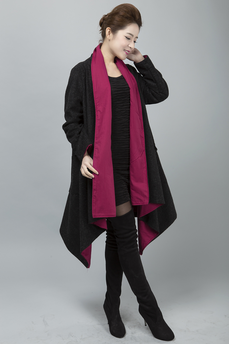 羊毛尼外套开衫女士中长款风衣外套不规则下摆两面穿大披风fz982 黑色