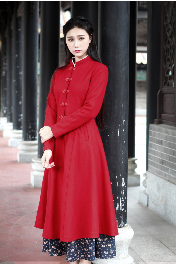 民国古良毛呢大衣女 2016秋冬新款羊毛呢外套中国风女装民族风盘扣复古修身中长款连衣裙 红色 L