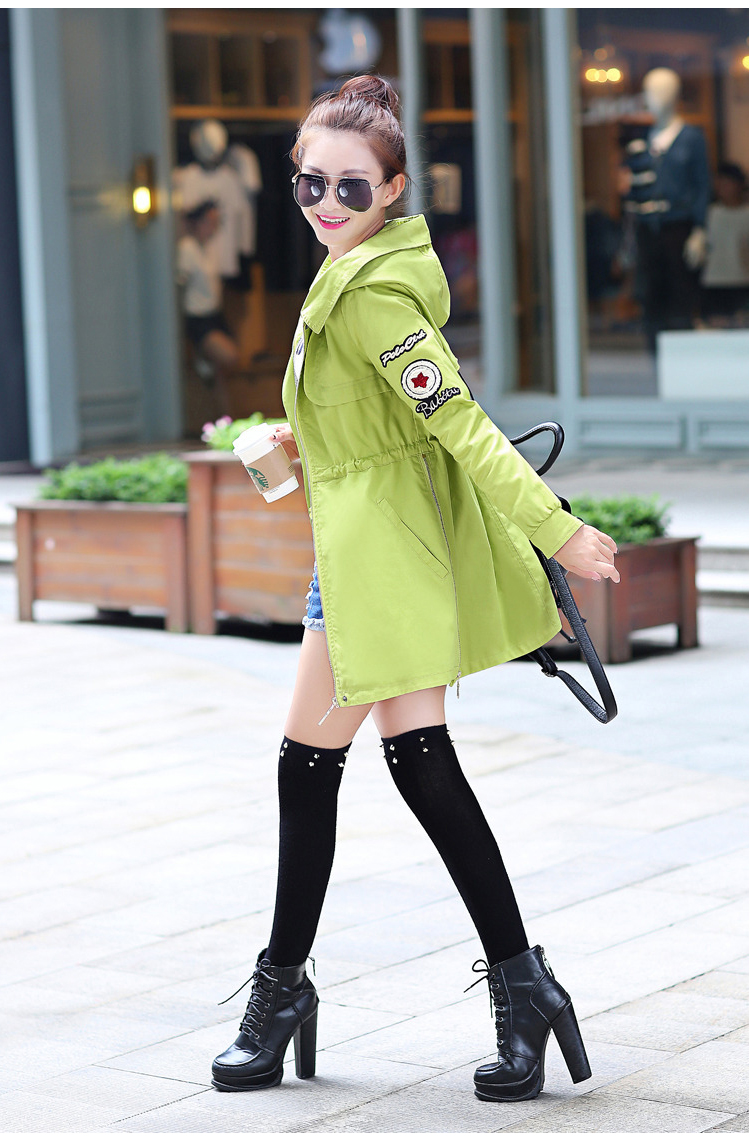 天芝美依  2015韩版时尚修身显瘦连帽中长款风衣女外套 女 秋冬新品 A1011 果绿 XL