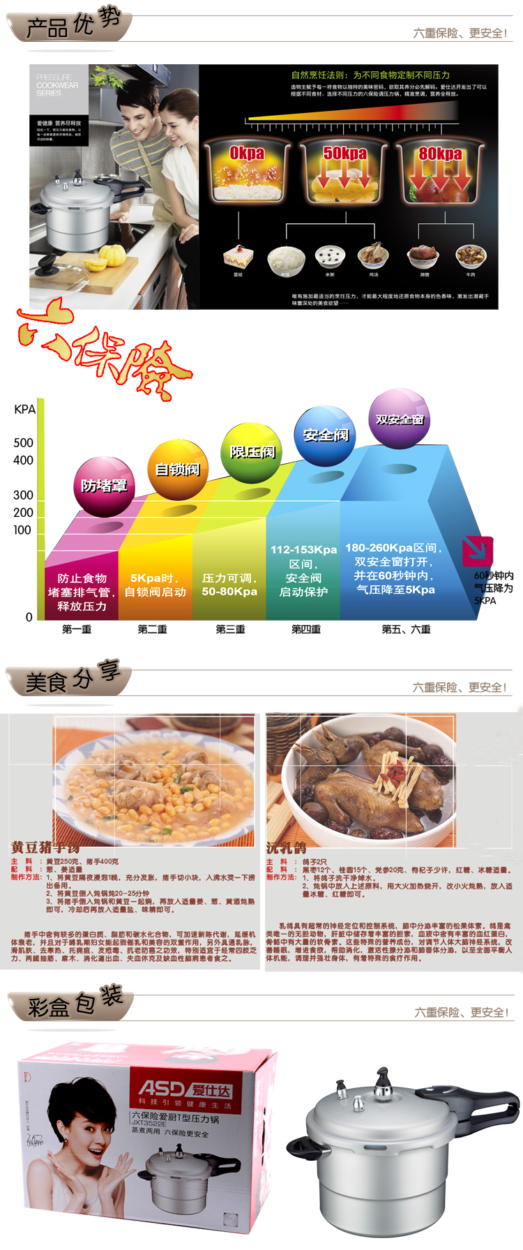 爱仕达高压锅ASD 22CM爱厨T型六保险压力锅高压锅JXT3522E 送蒸格