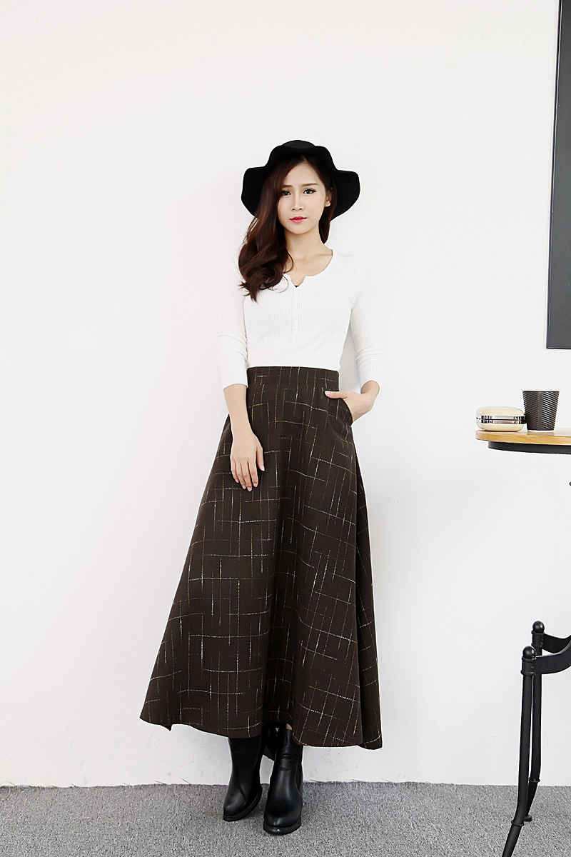 雅内特2015秋冬新款女装修身格子毛呢半身长裙NA2050#111 黑色 XL