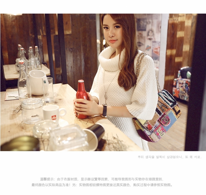 菲缇雅 赵丽颖同款韩版高领羊毛衣女套头宽松蝙蝠袖中长款针织衫秋冬厚外套 均码