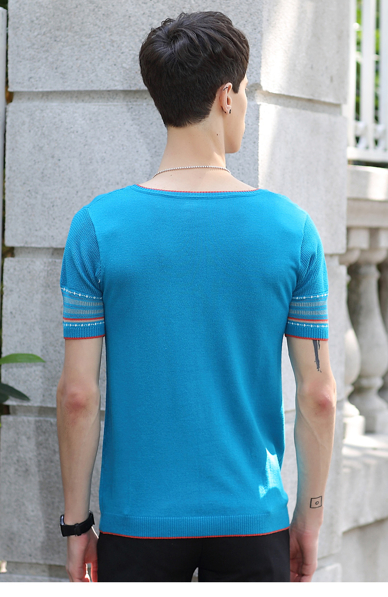 2人组夏季新款蓝色t恤上衣潮男短袖修身t恤休闲韩版圆领套头汗衫 蓝色