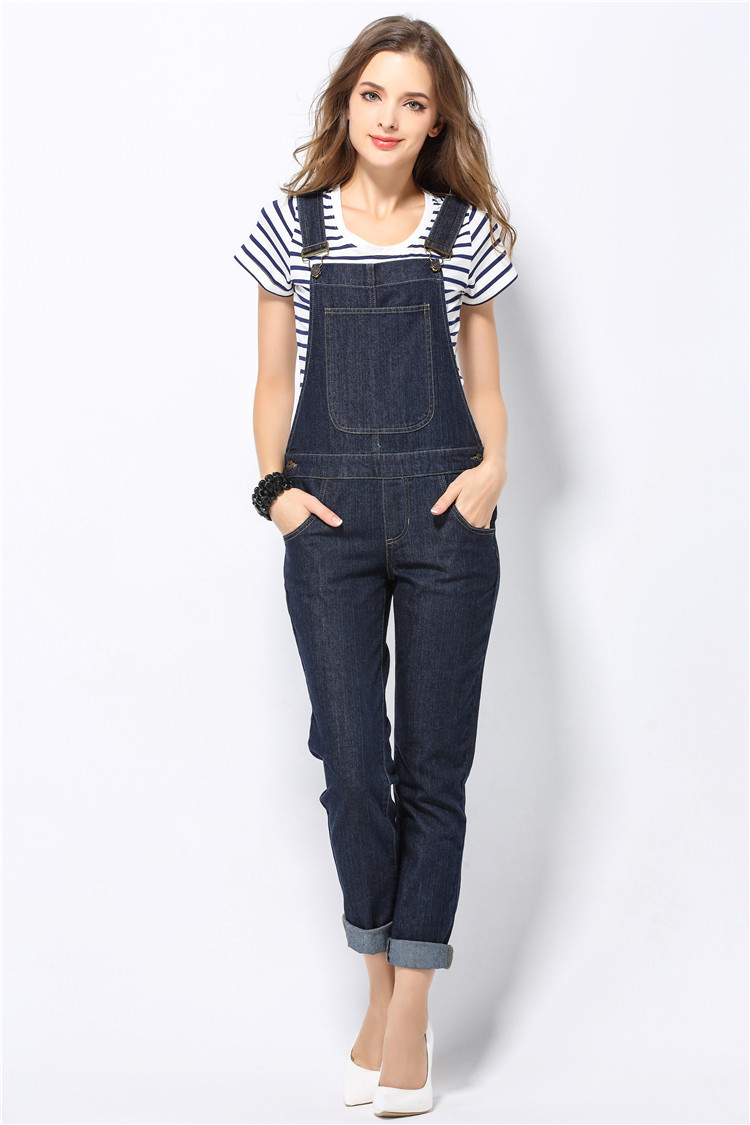 锐彧服饰2016春款欧美外贸女裤欧洲站深色宽松牛仔背带裤 深蓝 29