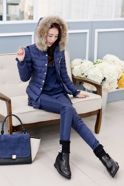 娇女坊       2015秋冬装新款淑女装修身时尚蕾丝羽绒棉服三件套短款棉衣 紫色 L