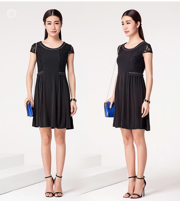 梦舒雅2015春夏新款拼接女装黑色复古蕾丝简约时尚修身短袖连衣裙 03