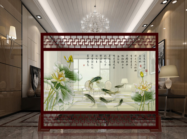 
                                                            睿泽の家 定制镂空屏风 欧式新中式屏风 玄关客厅办公室摄影隔断 清荷雅趣 半透明-胡桃木边框 240cm宽X200高 上下镂空                