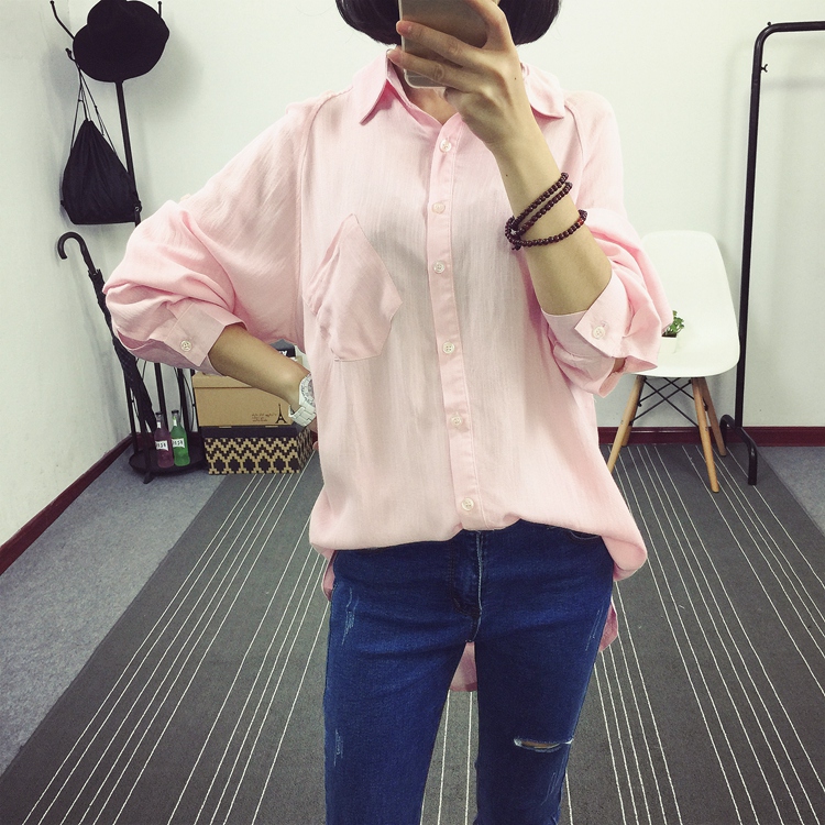 茵芭莎 秋冬女装上衣韩版棉麻纯色长袖衬衫中长款宽松bf风衬衣潮ff