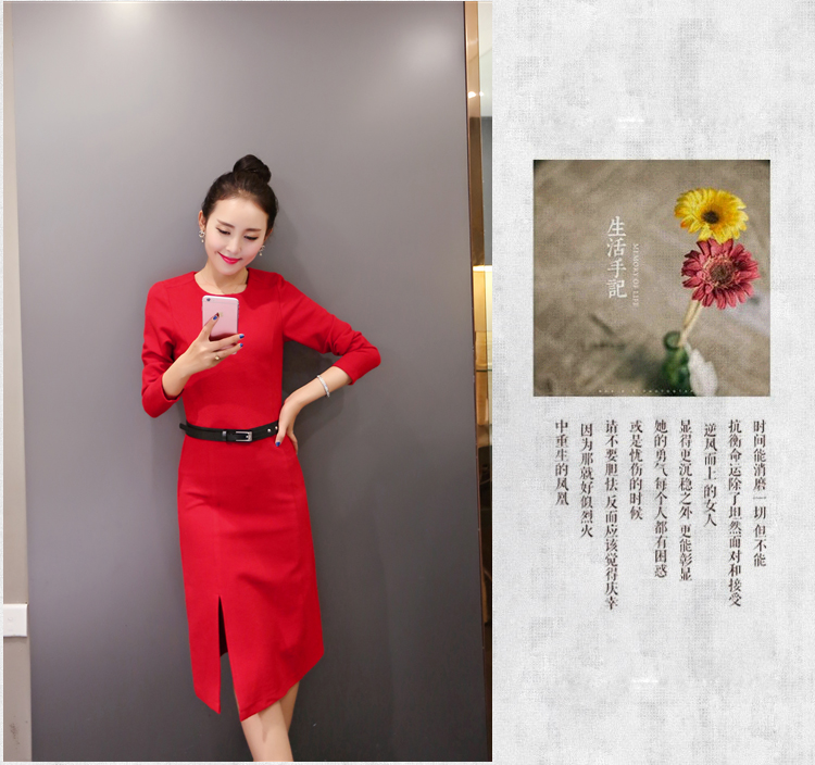 
                                        敦吟2017秋装新款长袖连衣裙棉麻韩版中长款圆领修身套装裙子A1 土豪金 M                