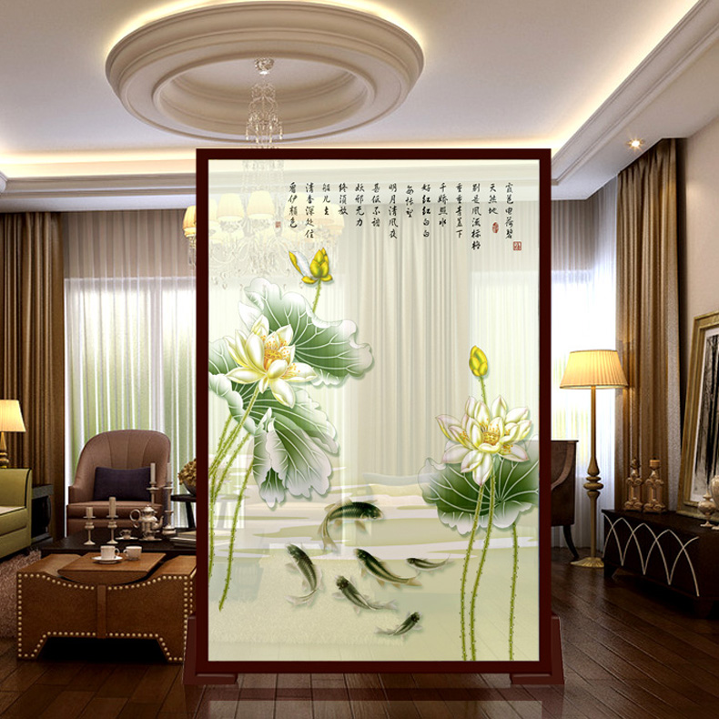 
                                        定制屏风 中式改善风水客厅玄关隔断帘 清荷雅趣 半透明 120cm宽X200cm高                