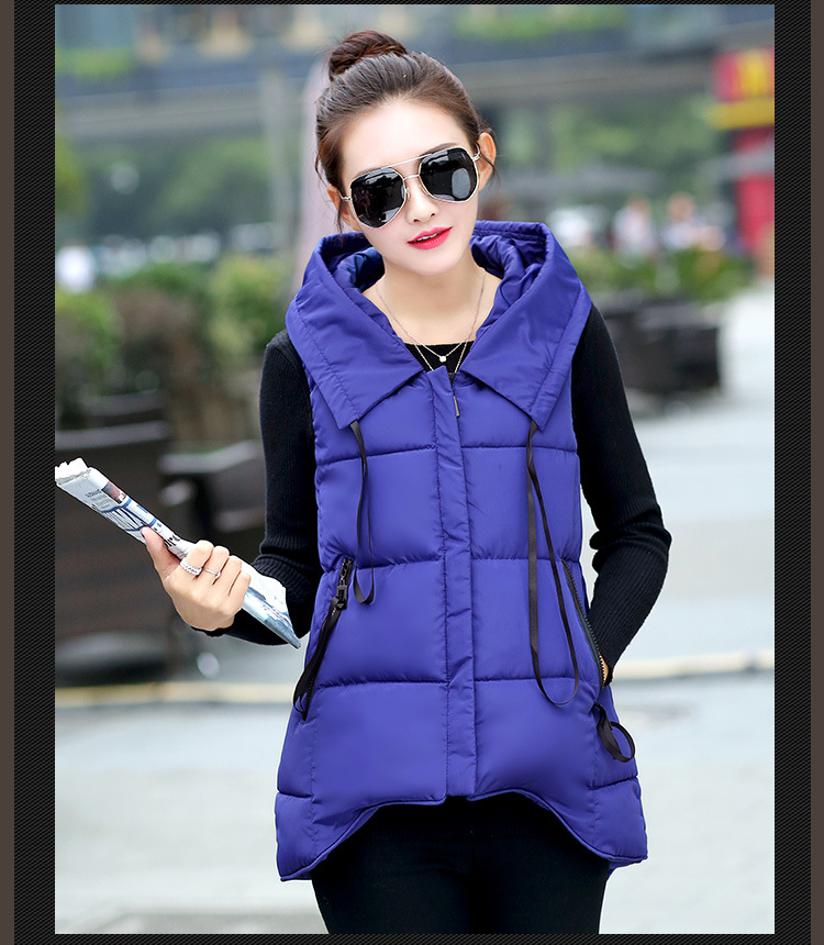 韩文2015秋冬新款羽绒棉服连帽外套马夹中长款背心马甲女潮 黑色 XL