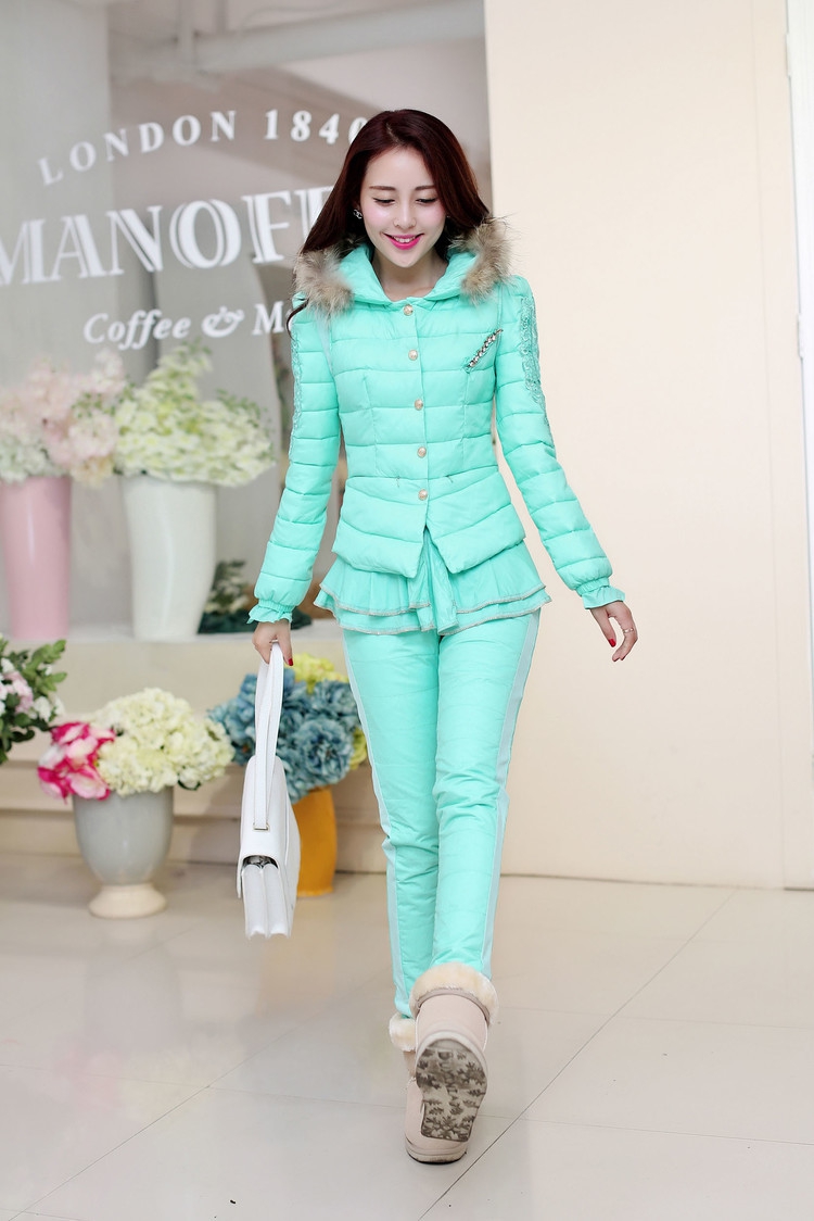 娇女坊       2015秋冬装新款淑女装修身时尚蕾丝羽绒棉服三件套短款棉衣 紫色 L