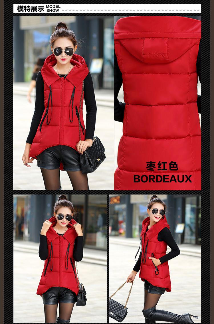 韩文2015秋冬新款羽绒棉服连帽外套马夹中长款背心马甲女潮 黑色 XL