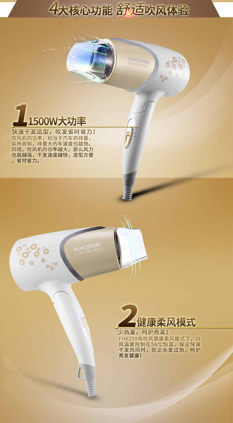 飞科(FLYCO)FH6259可折叠电吹风机1500W功率