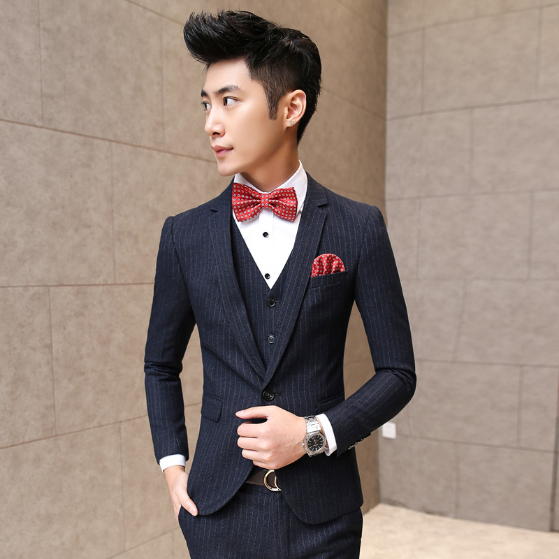 男士结婚西服套装英伦西装三件套新郎结婚礼服大码男装西服套装潮 深
