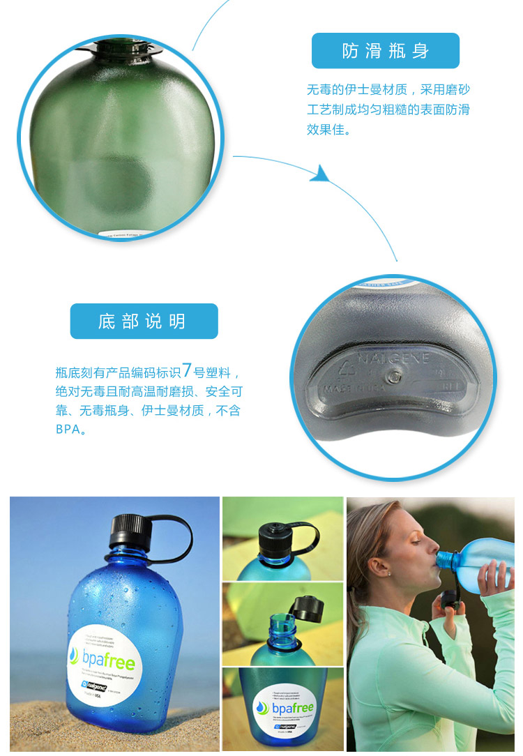 
                                                            美国进口户外水壶酒壶水杯运动水瓶1000ml 大容量便携防漏塑料登山壶太空杯 旅游外出 墨绿色                