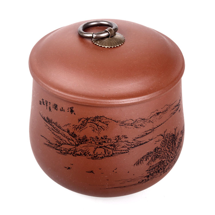 容雅茶具  宜兴紫砂茶叶罐 手工 普洱茶罐 醒茶罐 2款颜色 散茶半斤装 红铜把细刻罐