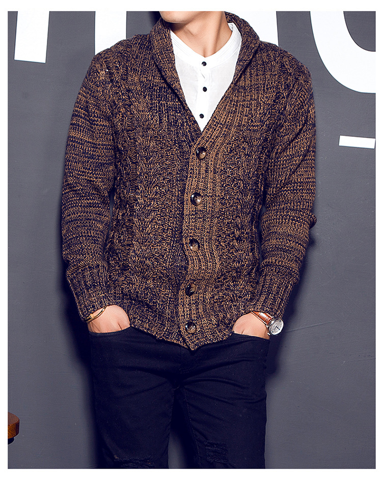 2015秋冬男士毛衣毛衫韩版翻领针织开衫毛衣男加厚毛衣外套男装 酒红