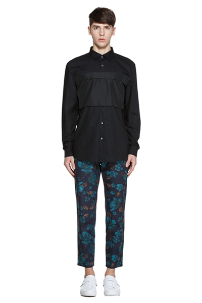 trendiano男装春装潮休闲棉质拼接长袖衬衫衬衣3hi1010230 黑色090 l