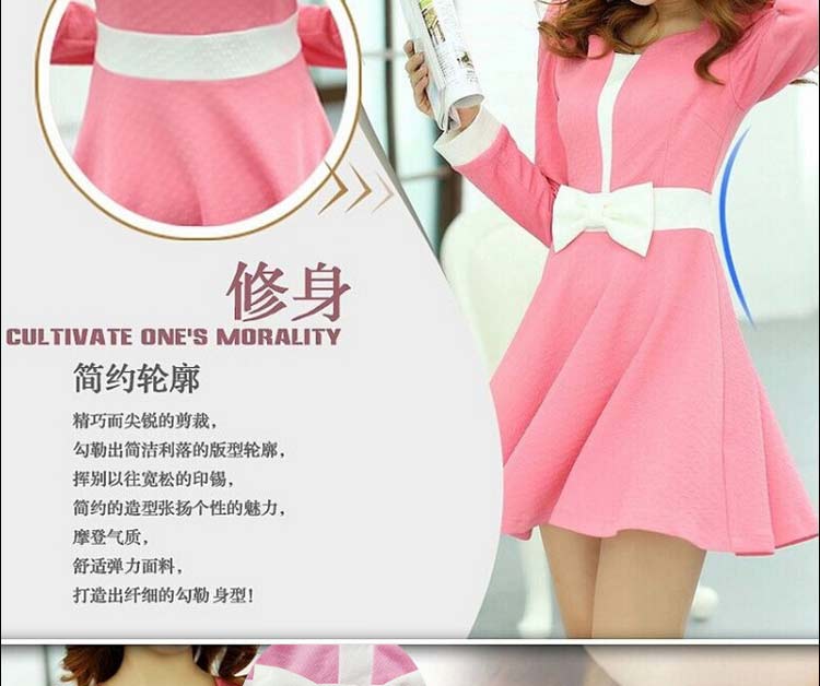 艾诺利亚韩版女装修身显瘦方领长袖蝴蝶结连衣裙H1111-1 红色 S