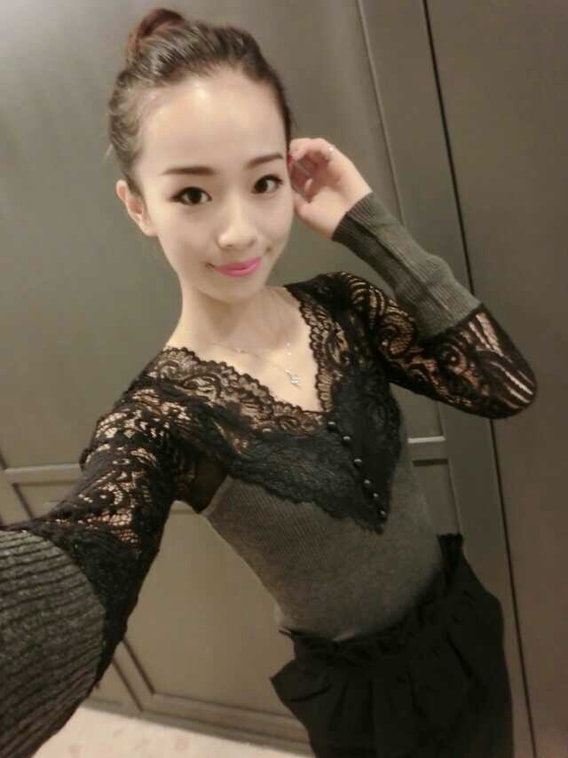 佩丝娜.秋冬款小衫女t恤短款紧身内搭蕾丝打底衫大码针织衫上衣长袖 深灰色 M