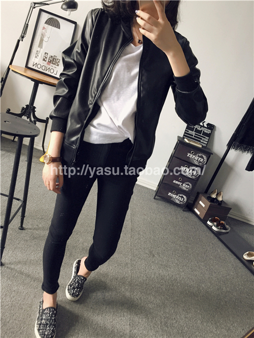 琳姿2015秋冬女装新款洋气皮衣外套女短款立领拉链黑色机车夹克外套女PY7035 特价清货 黑色 均码